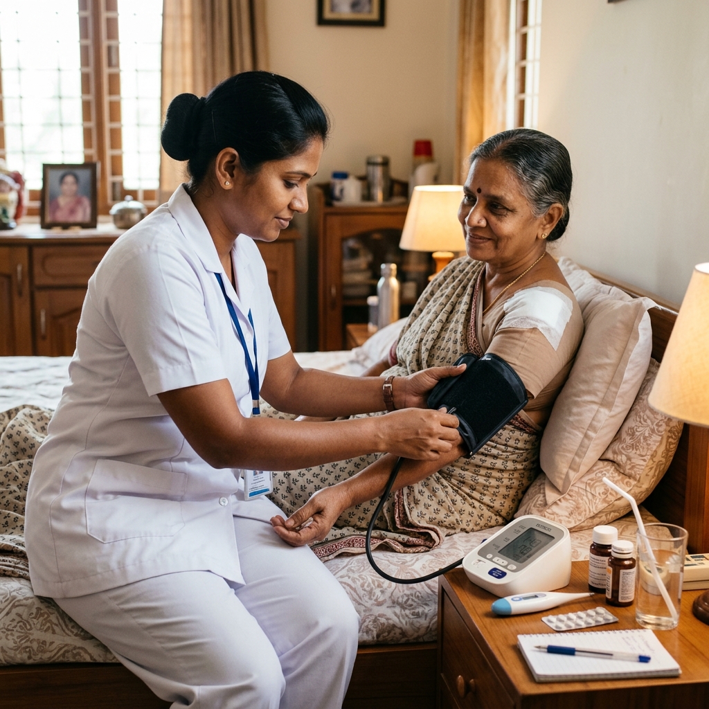 Nurse checking blood pressure and vital signs