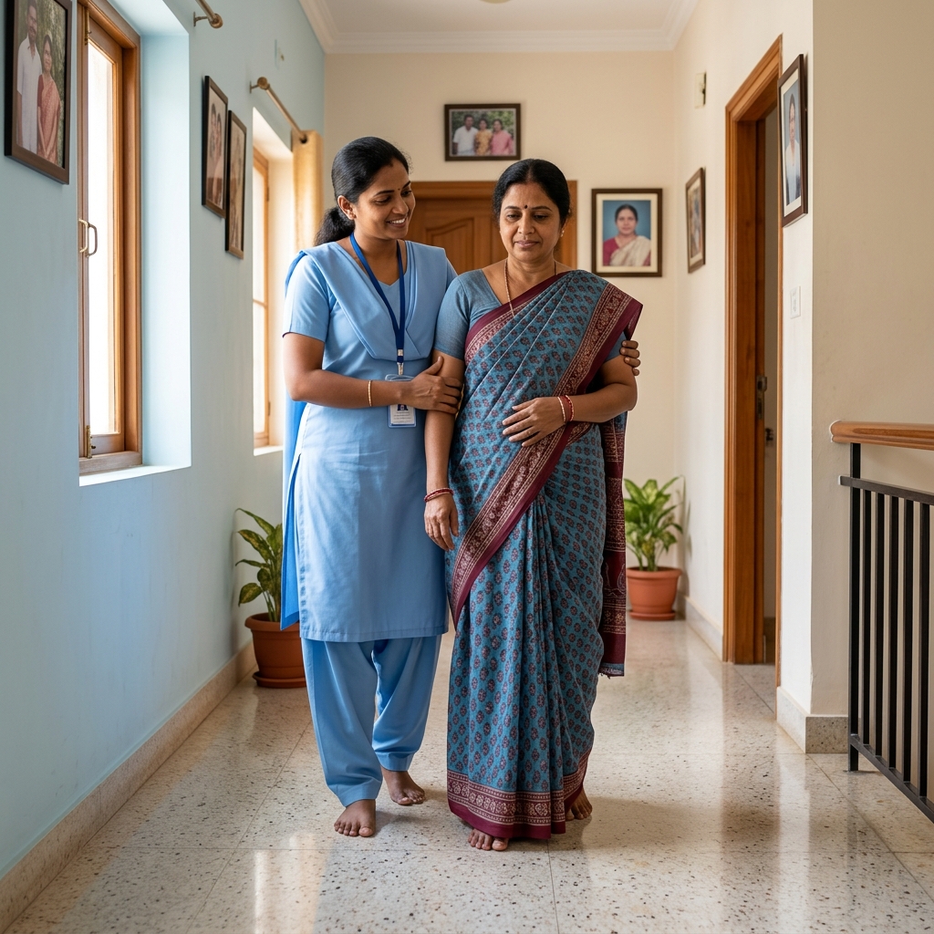 Caregiver assisting patient to walk during recovery